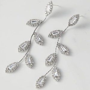 Vine Leaves Rhinestone CZ Pave Crystal Silver Leaf Earrings Bridal Wedding Bride